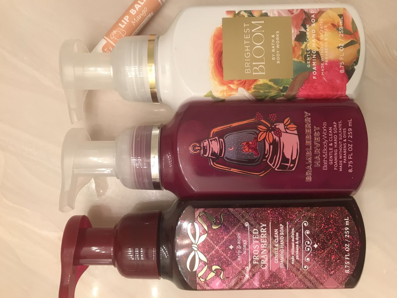 4 Bath and Body Works Foaming Hand Soap Frosted Cranberry Brightest Bloom Brambleberry Harvest Mango lip balm