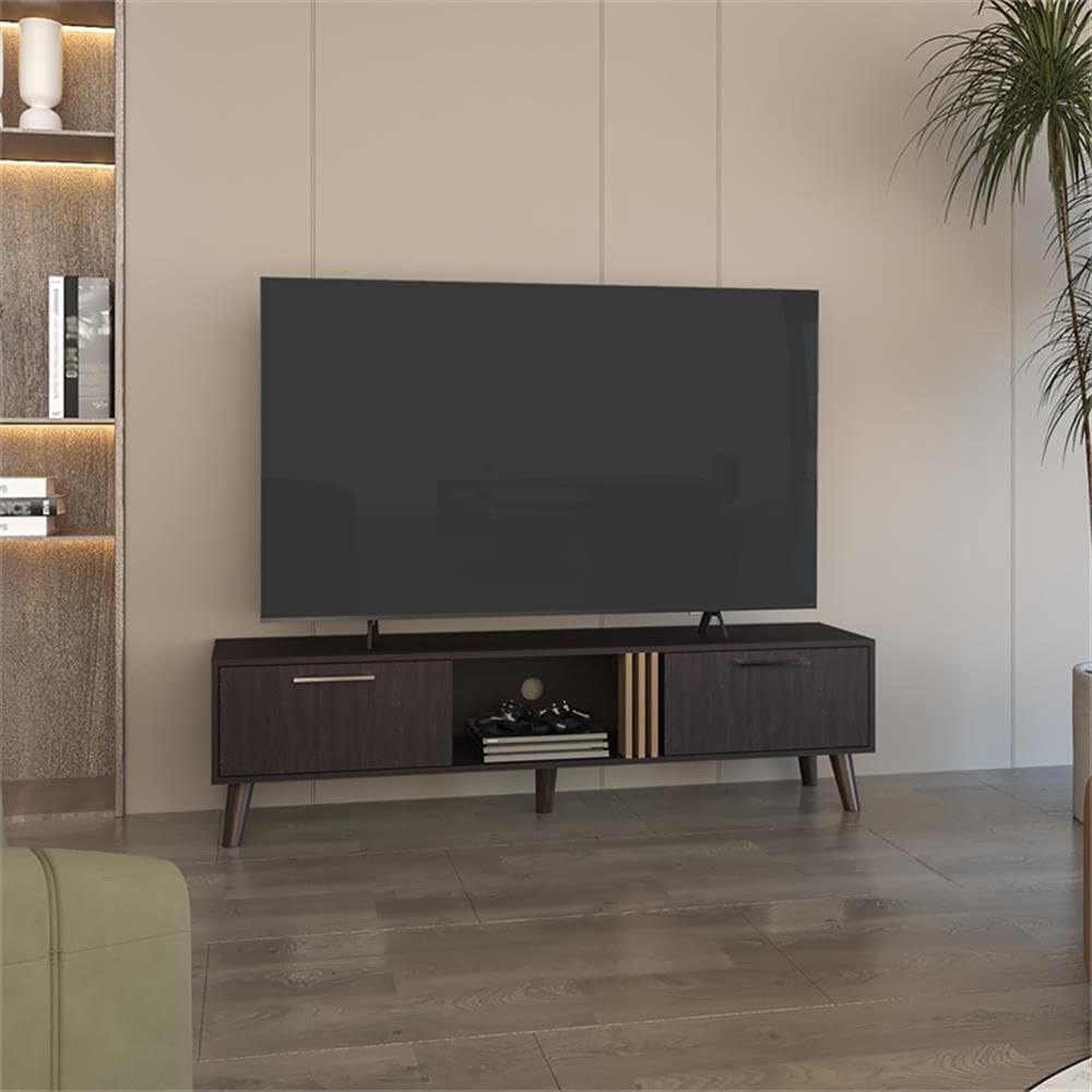 Pemberly Row 63in TV Stand for 70in TVs, Durable Storage Cabinet with Shelves, Black Finish, Built-in Cable Management, Contempo