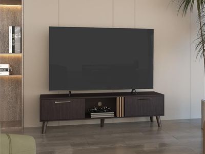 Pemberly Row 63in TV Stand for 70in TVs, Durable Storage Cabinet with Shelves, Black Finish, Built-in Cable Management, Contempo