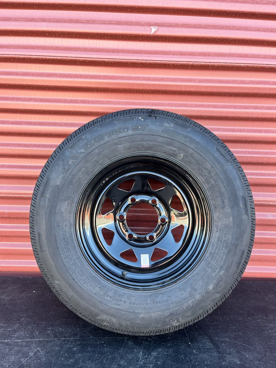 New Rainier ST 225/75 R 15 Trailer Tire Mounted on New Black Mod Wheel.            6 on 5.5 Lug Pattern Brand New