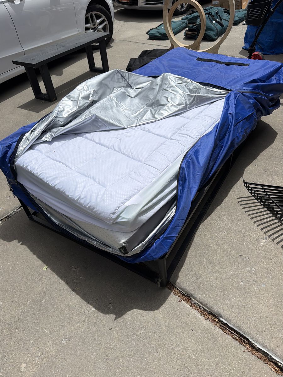 Little used Zinus mattress and frame.  Stores in water proof shell