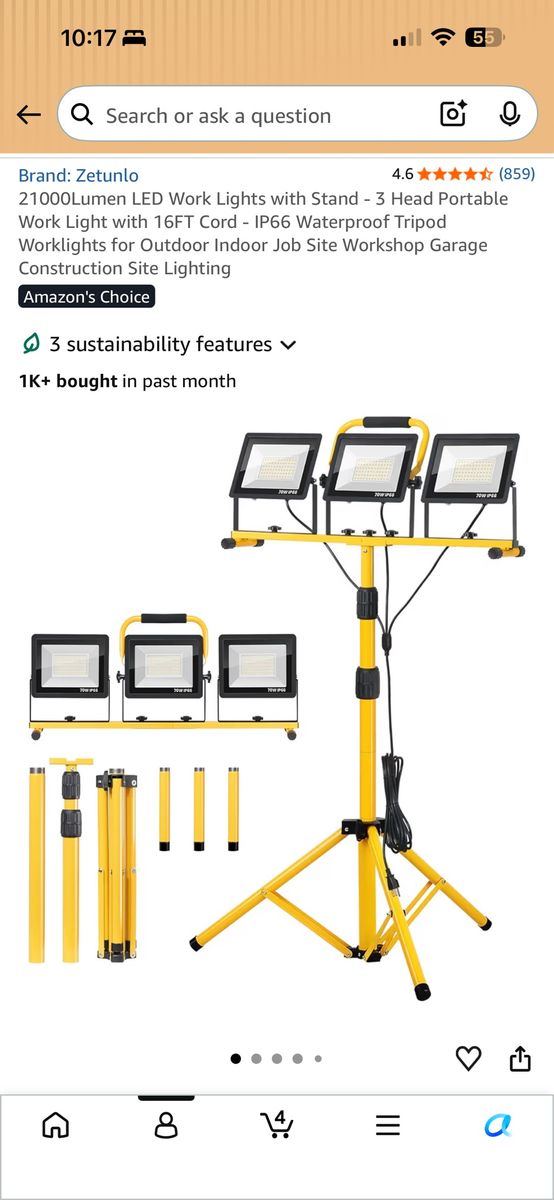 Zetunlo 21000 Lumen LED Tripod Work Light - 3 Head Jobsite Light, IP66 Waterproof, 16FT Cord