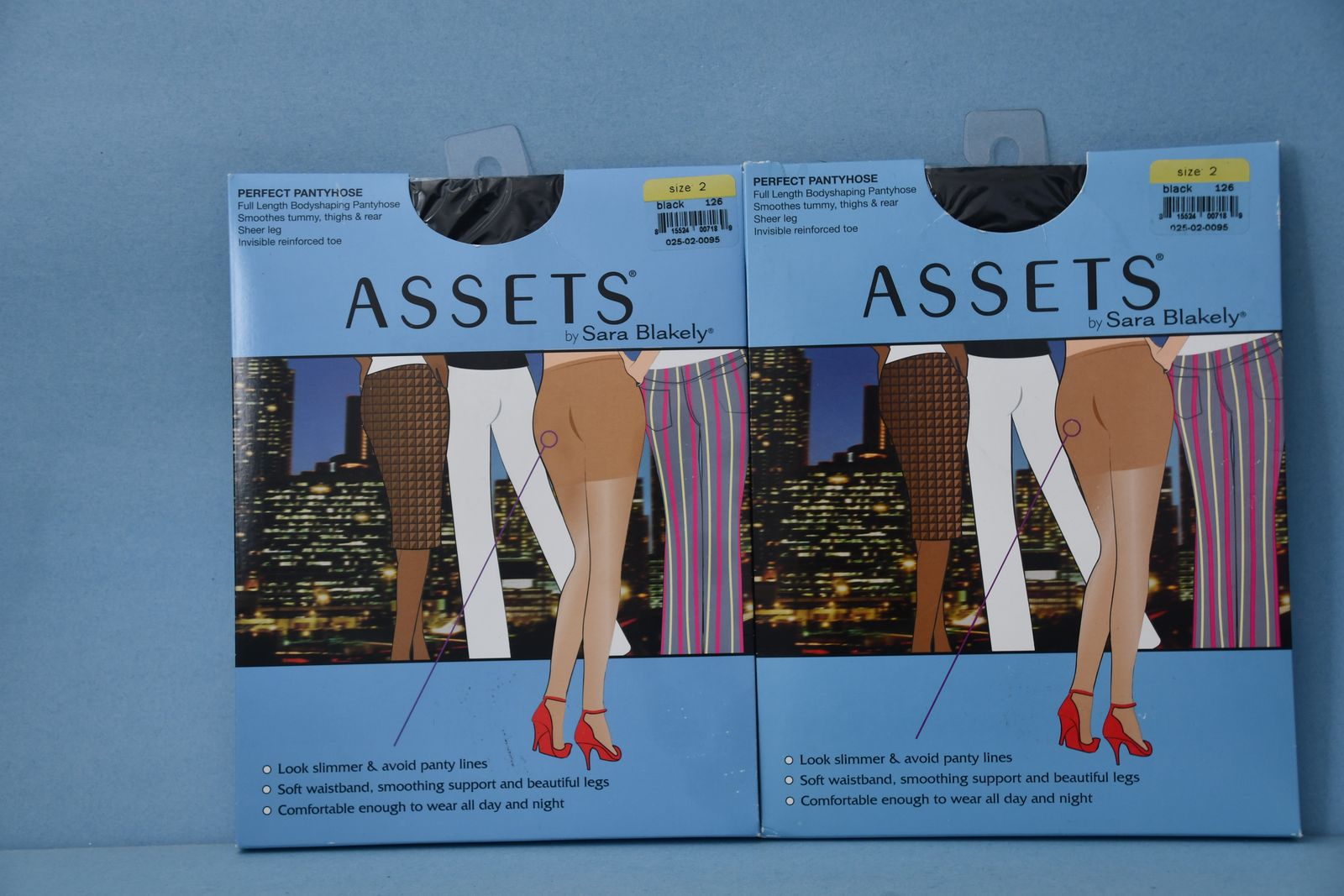 2 NIP "ASSETS" PERFECT PANTYHOSE ~ BLACK ~ SIZE 2 ~ REINFORCED TOE ~ BODYSHAPING CONTROL