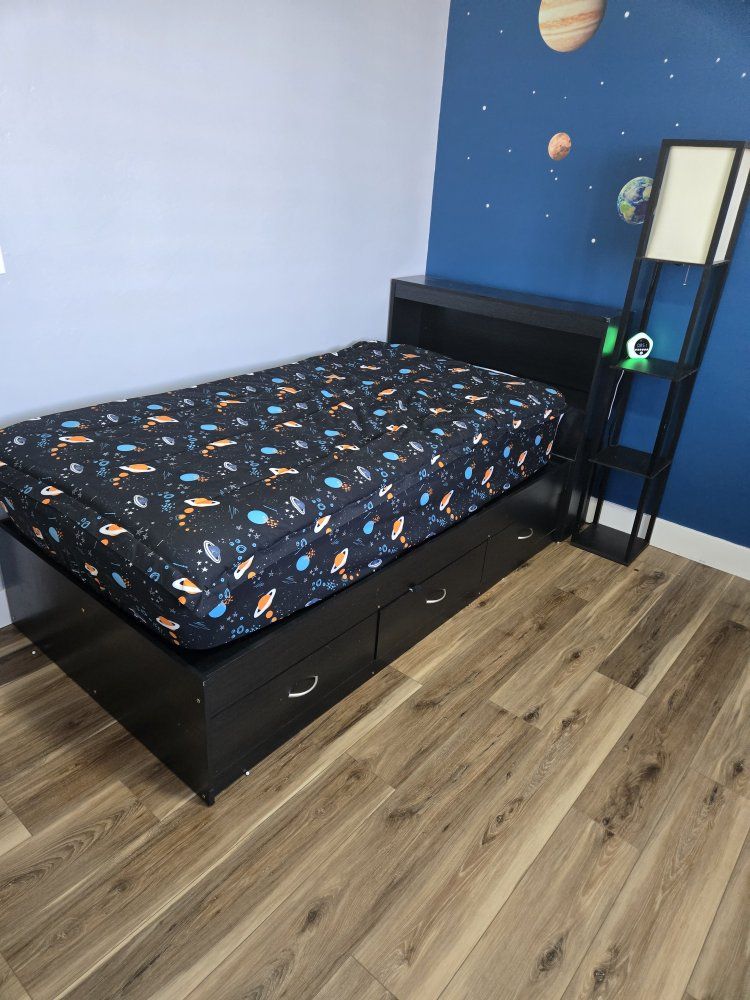 Black Twin Bed Frame with Under-Bed Storage & Wall-Mounted Desk/Shelf Unit