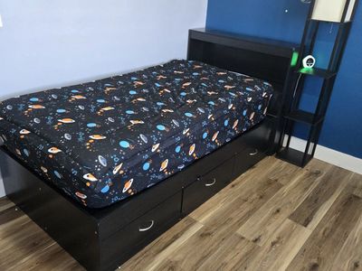 Black Twin Bed Frame with Under-Bed Storage & Wall-Mounted Desk/Shelf Unit