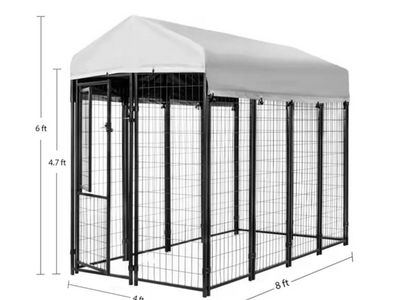 KennelMaster 8x4x6 ft Welded Wire Dog Kennel w/ Waterproof Cover - Black, New