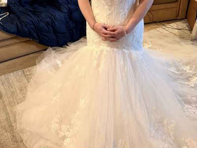 Stunning Mermaid Style Wedding Dress with Lace Appliques and Tulle Train