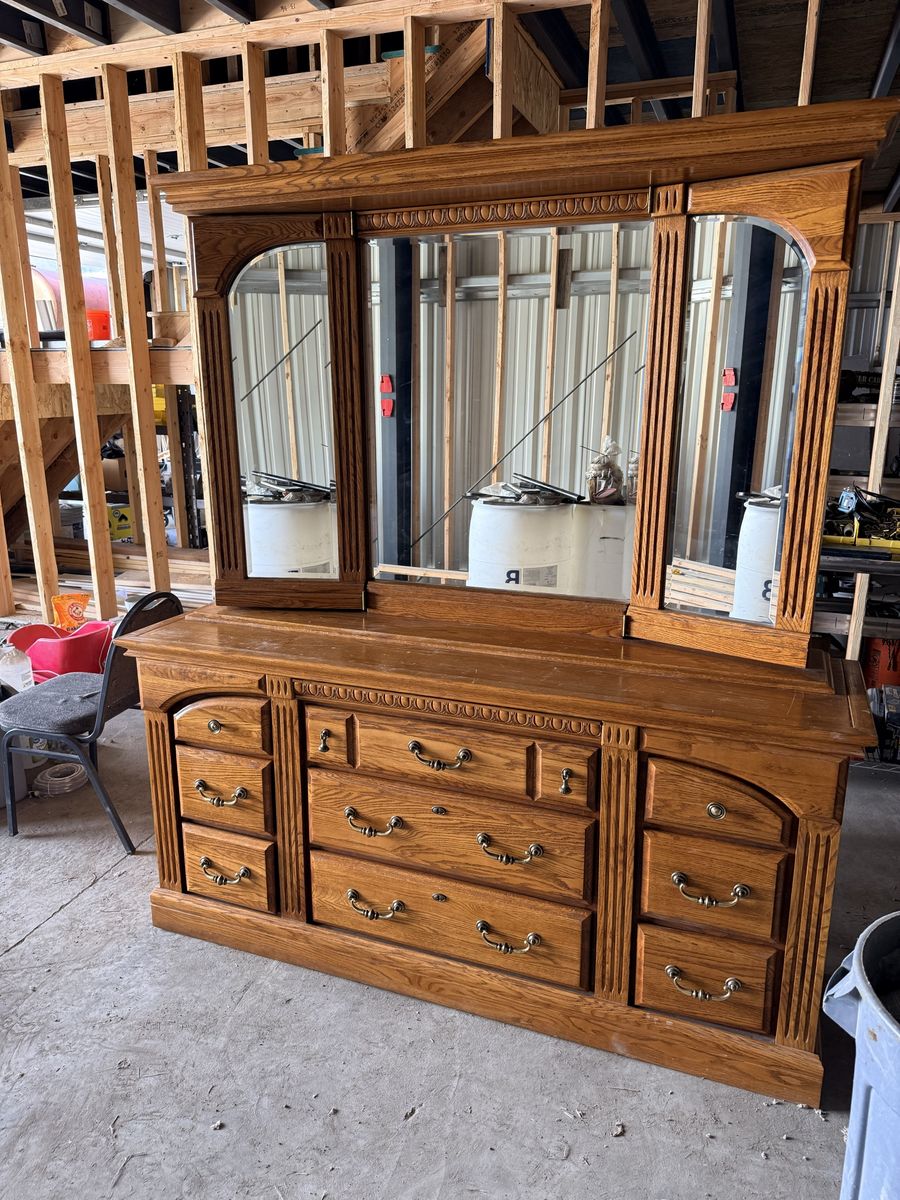 Oak Triple Mirror Dresser with 10 Drawers & Hidden Storage - Bedroom Furniture