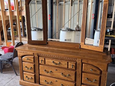 Oak Triple Mirror Dresser with 10 Drawers & Hidden Storage - Bedroom Furniture