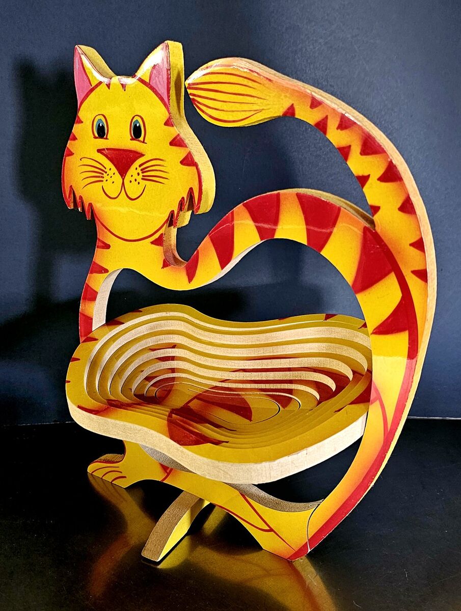Vntg COLLAPSIBLE SMILEY CAT WOOD BOWL