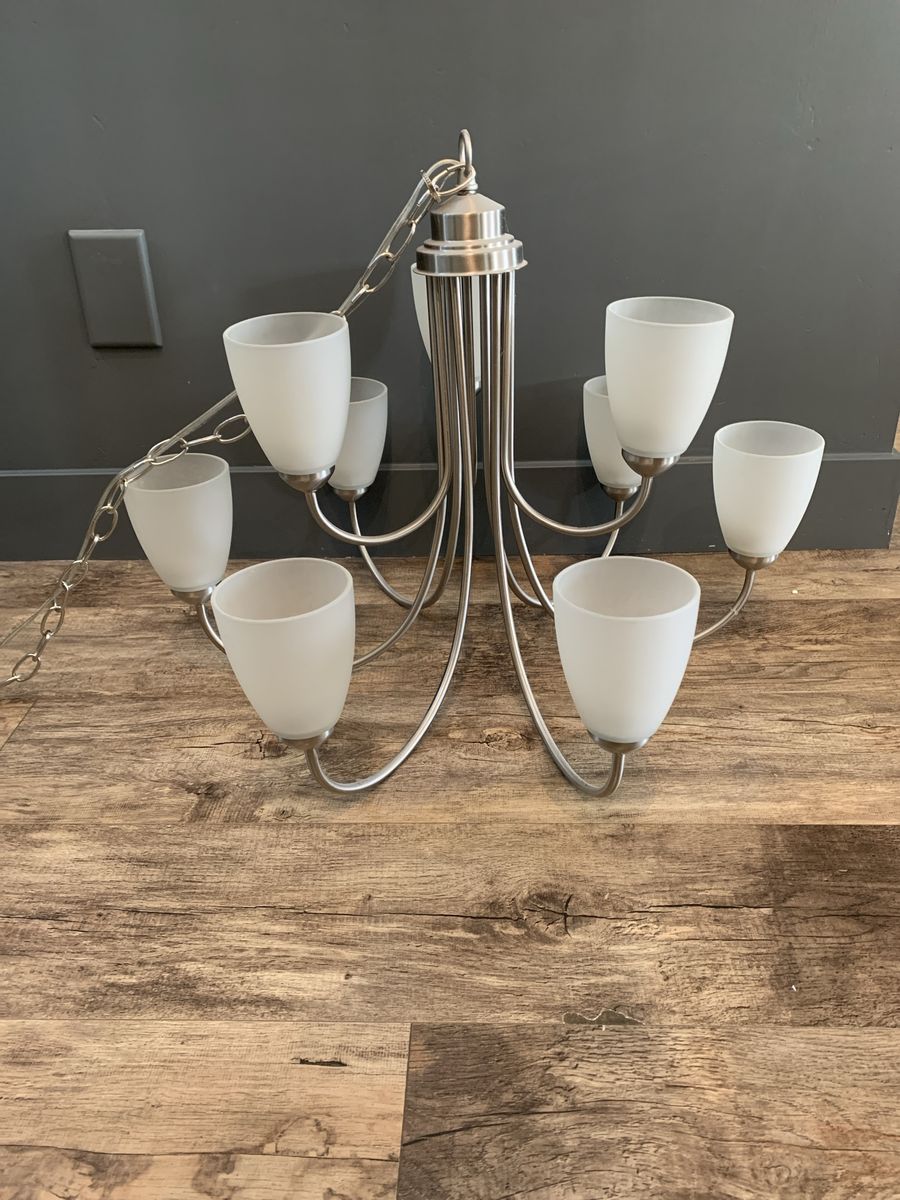 Brushed Nickel Chandelier with Frosted Glass Shades - 9 Light Modern Fixture