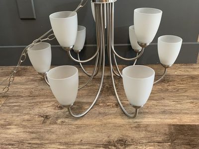 Brushed Nickel Chandelier with Frosted Glass Shades - 9 Light Modern Fixture
