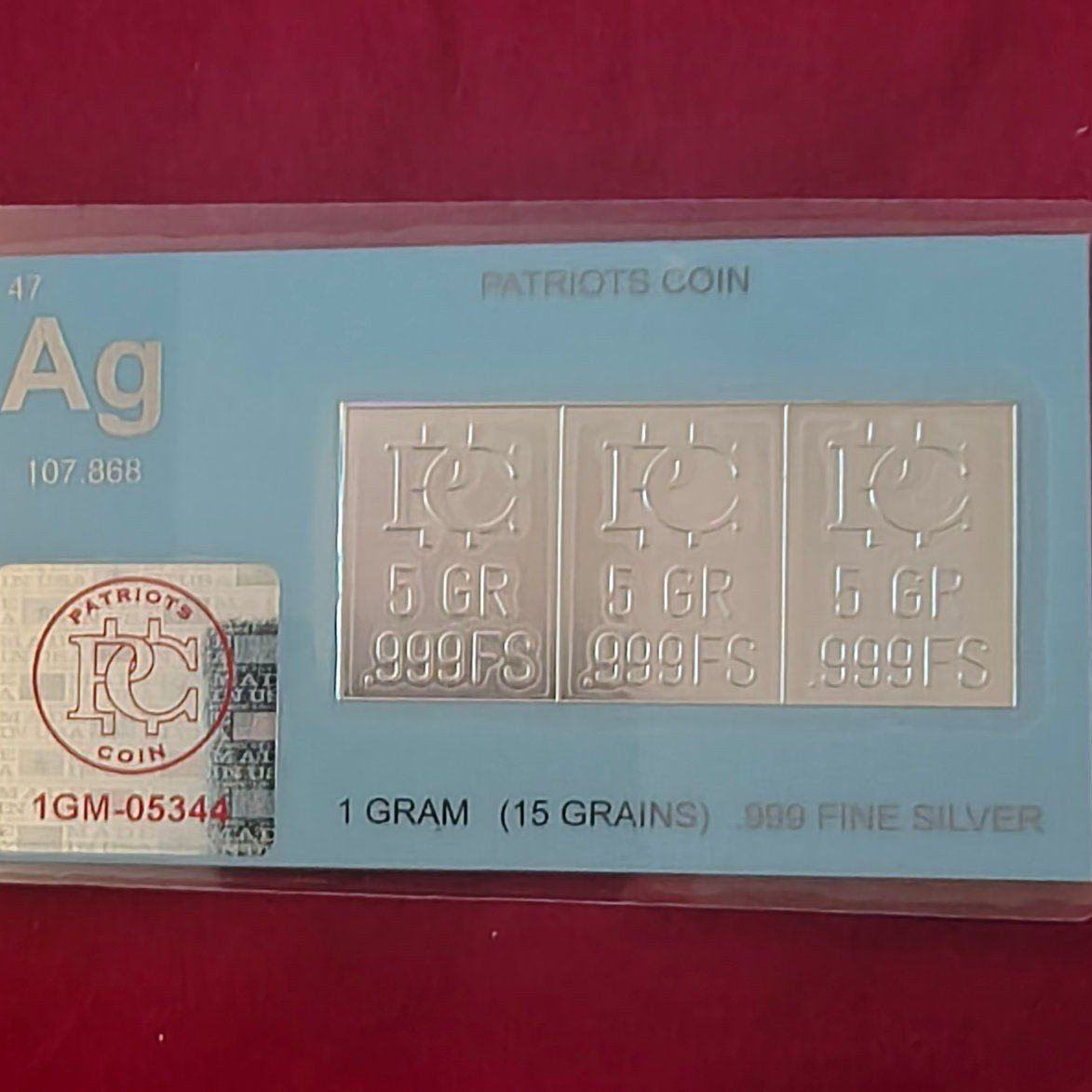 Patriots Coin .999 Fine Silver 1 Gram Card (Three 5 Grain Ingot Bars)