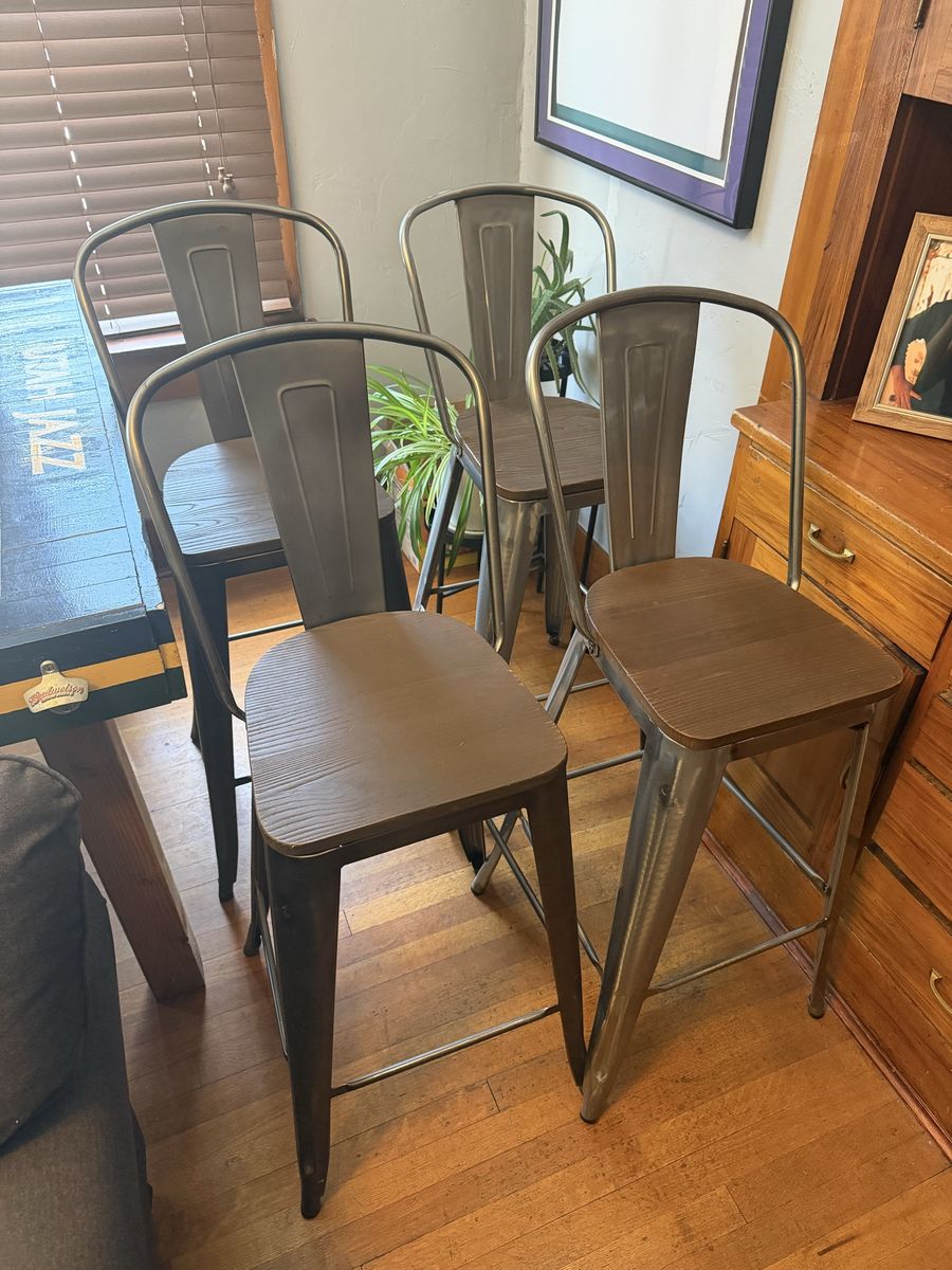 Set of 4 Industrial Metal Barstools with Wood Seats – Tolix Style