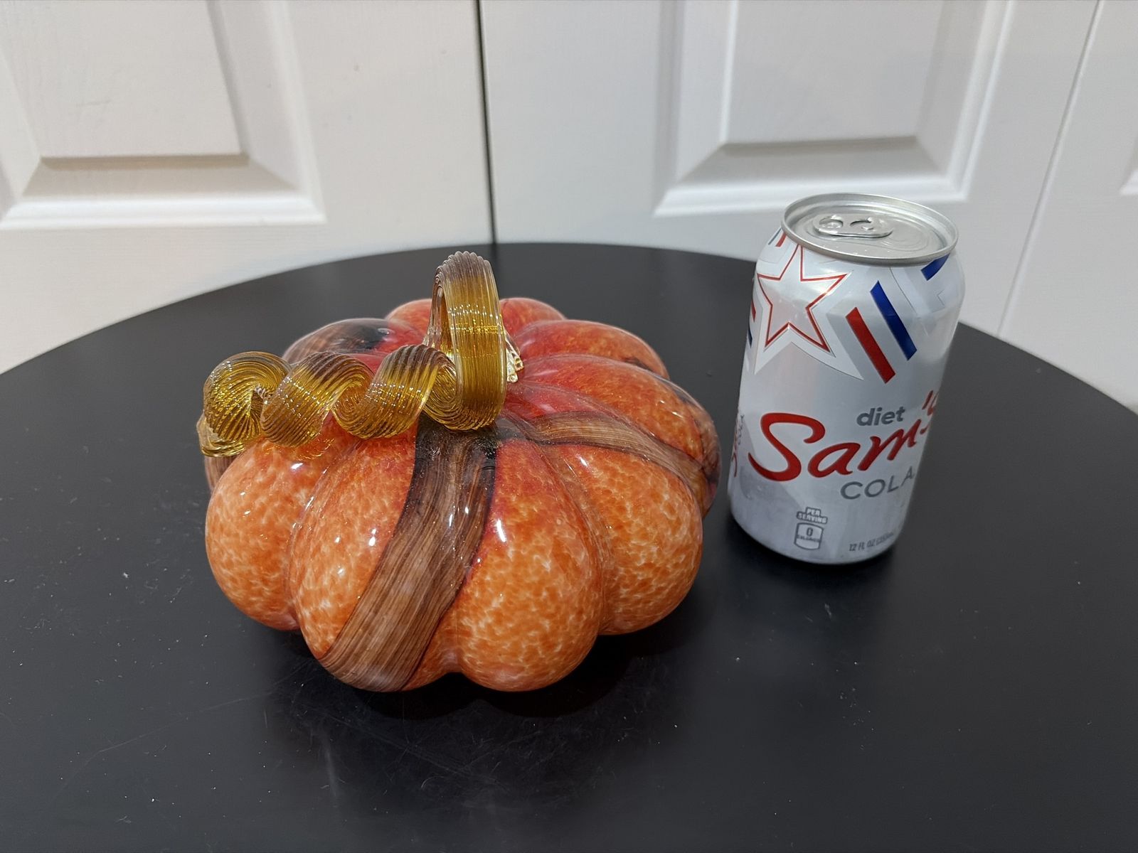 Hand-Blown Art Glass Pumpkin Figurine - Orange Speckled with Gold Stem - Fall Decor