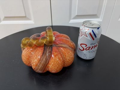 Hand-Blown Art Glass Pumpkin Figurine - Orange Speckled with Gold Stem - Fall Decor