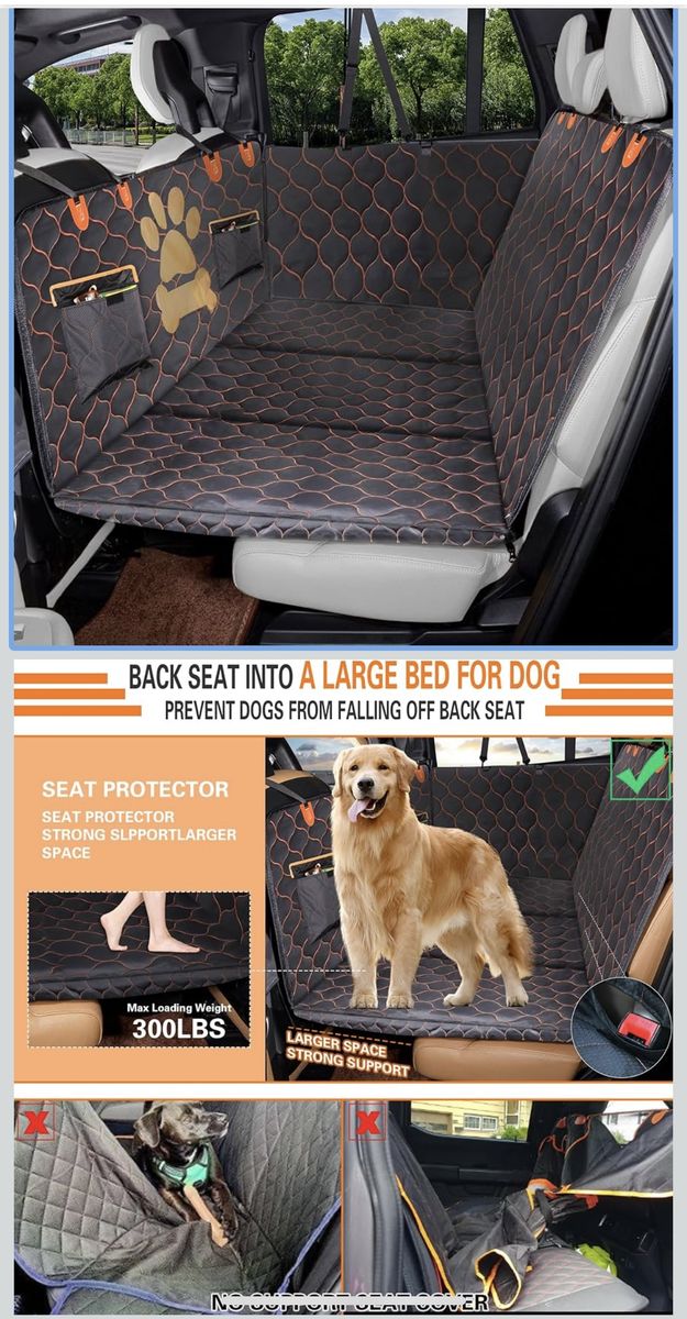 Durable Waterproof Pet Car Seat Cover Back Seat Extender Hammock for Dogs, SUV/Truck/Car Back Seat Protector, Black/Orange