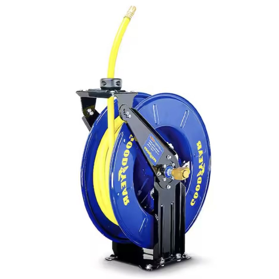 Goodyear 1/2 in. x 50 ft. Steel Dual Arm Pedestal Air Hose Reel SBR Rubber Hose