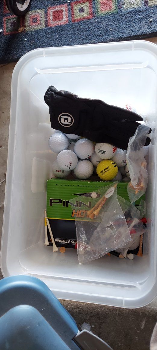 Used Golf Balls, Tees & FootJoy Glove in Sterilite Container - Mixed Brands & Condition