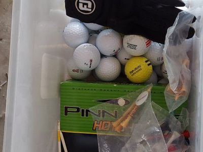 Used Golf Balls, Tees & FootJoy Glove in Sterilite Container - Mixed Brands & Condition