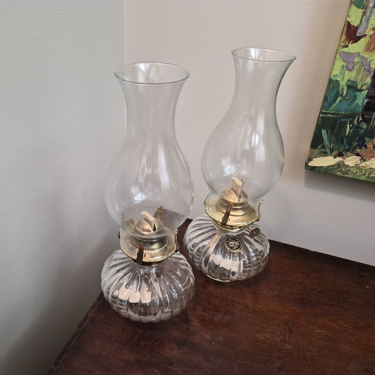 Lamplight Farms Clear Glass Oil Lamps - Pair of Vintage Style Kerosene Lanterns with Chimneys