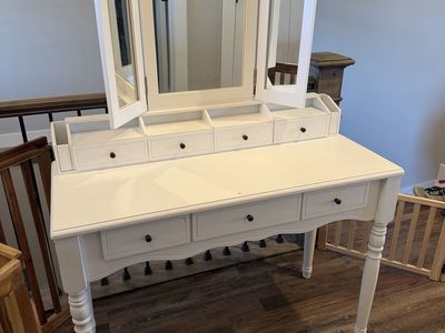 White Vanity Desk with Tri-Fold Mirror and Matching Stool