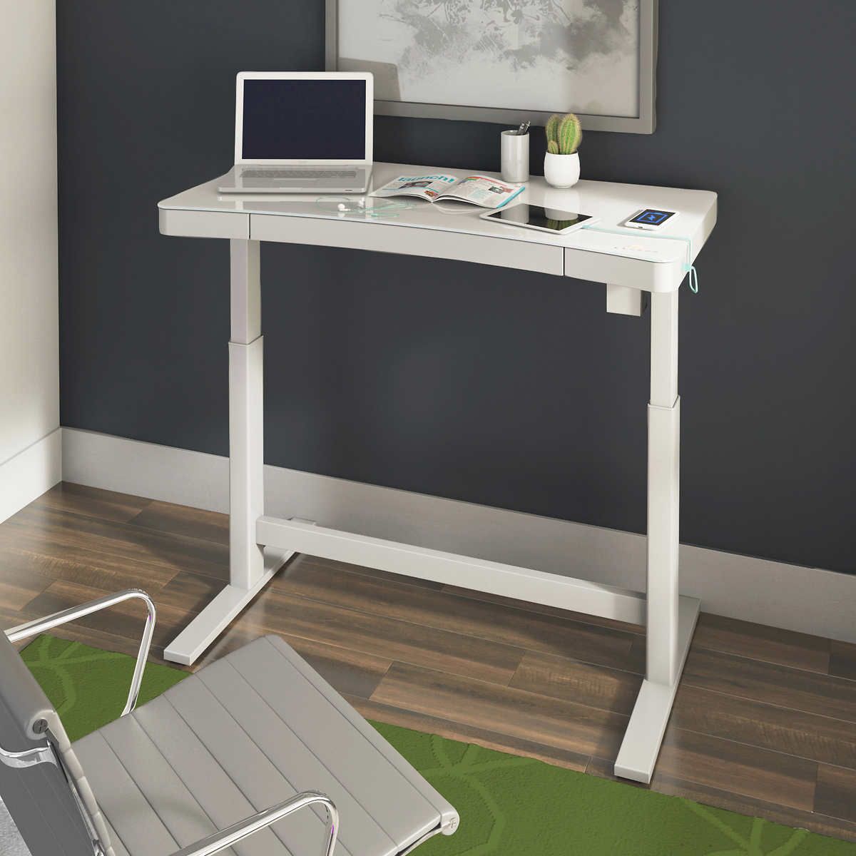 Tresanti 47in Adjustable Height Sit/Stand Tech Desks in White with Wireless Charging #81282