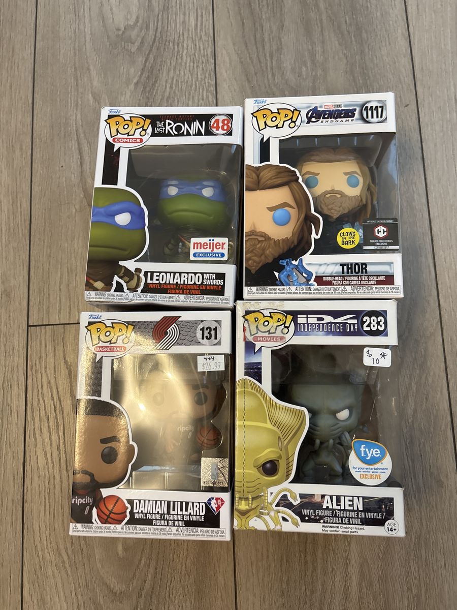 Funko Pop! Collectibles: Leonardo, Thor (Glow in the Dark), Damian Lillard, and Alien