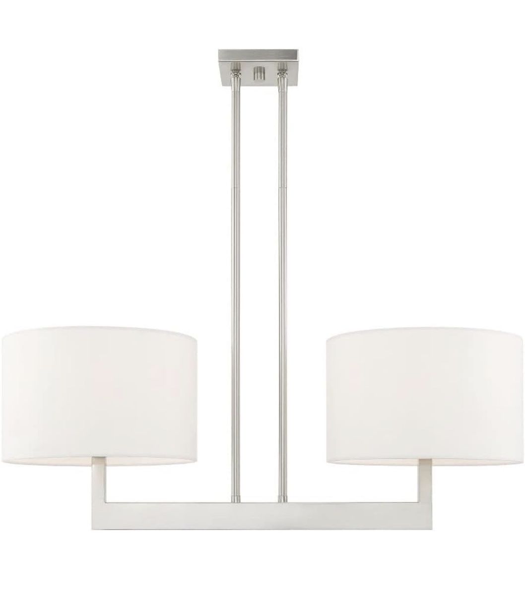 2-Light Brushed Nickel Island Chandelier with White Fabric Shades, 30.25" H