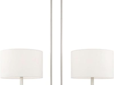 2-Light Brushed Nickel Island Chandelier with White Fabric Shades, 30.25" H