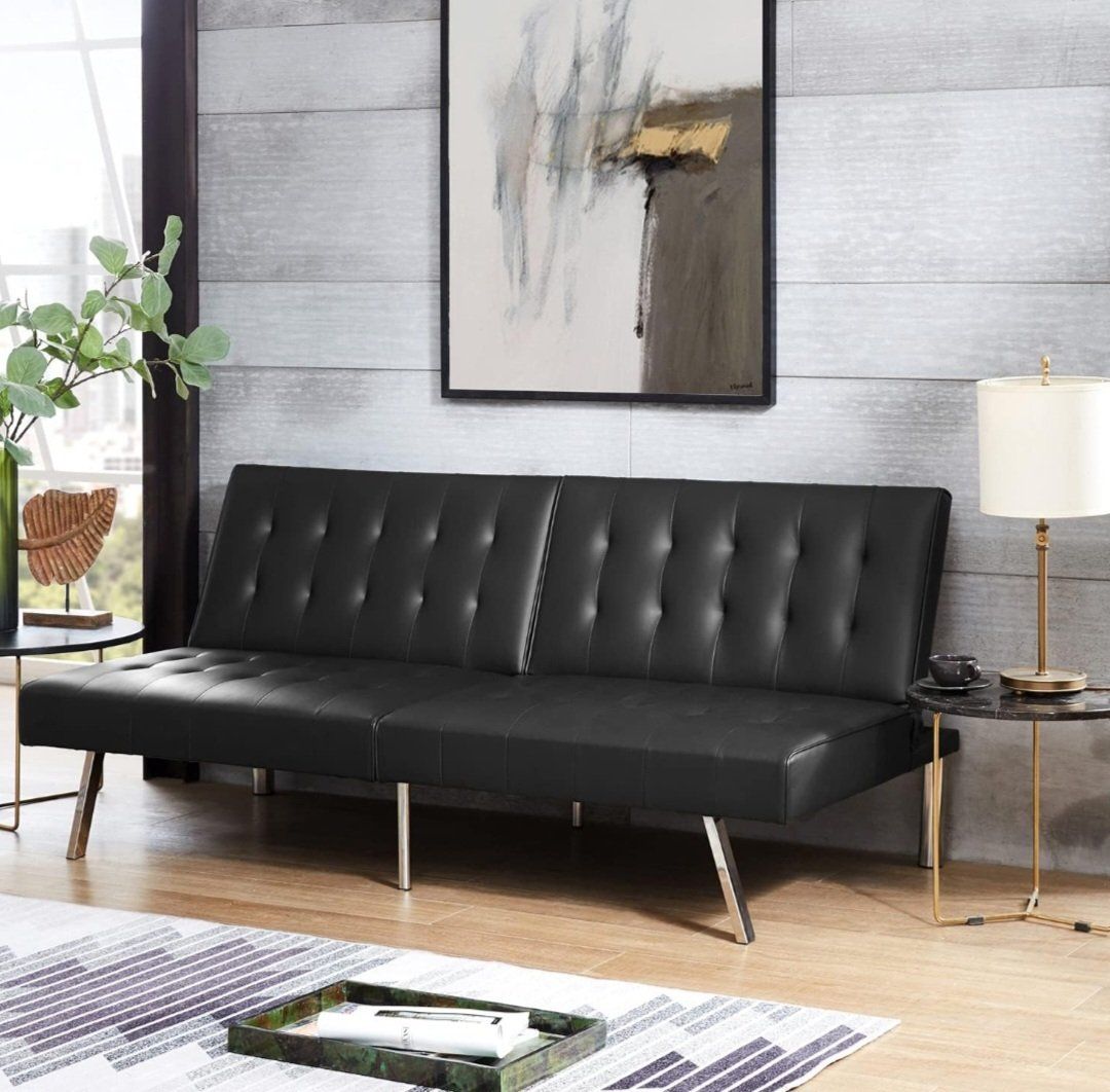 Black Smooth Fabic Tufted Split Back Futon Sofa Bed