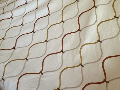13 Yds Designer Embroidered Wavy Lattice Drapery Fabric – Cream & Earth Tones (Sold By The Yard)