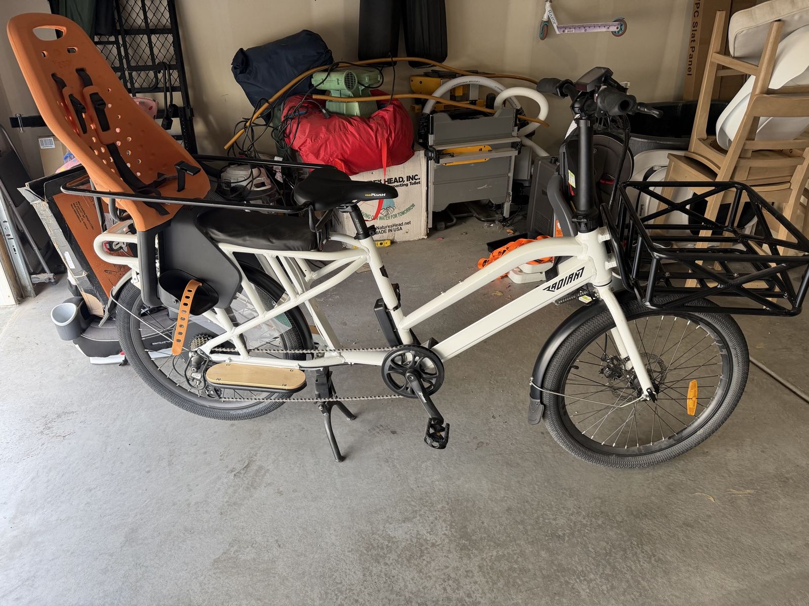 Radiant Power Bike Electric Cargo Bike with Child Seat & Front Basket - White