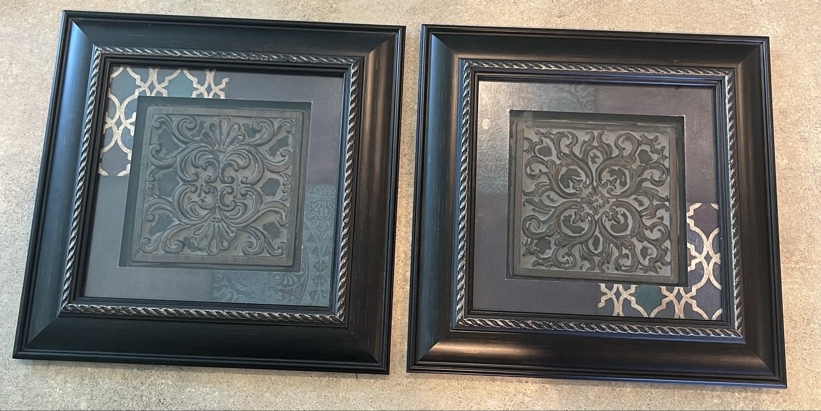 Decorative Wall Art Set - Black Framed Ornate Design Decor (2 Pieces)