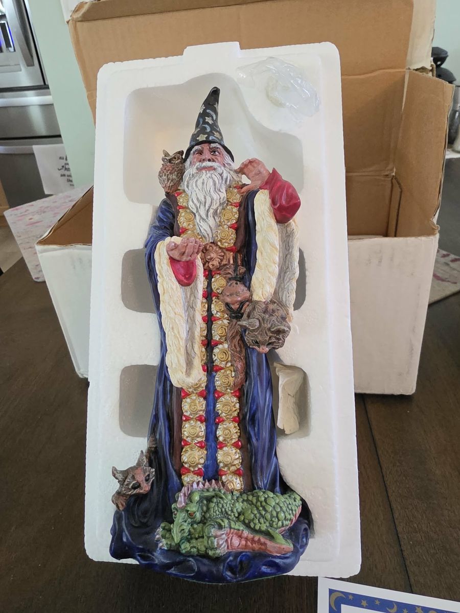 Vintage Wizard Figurine with Dragon and Owl Sculpture