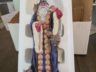 Vintage Wizard Figurine with Dragon and Owl Sculpture