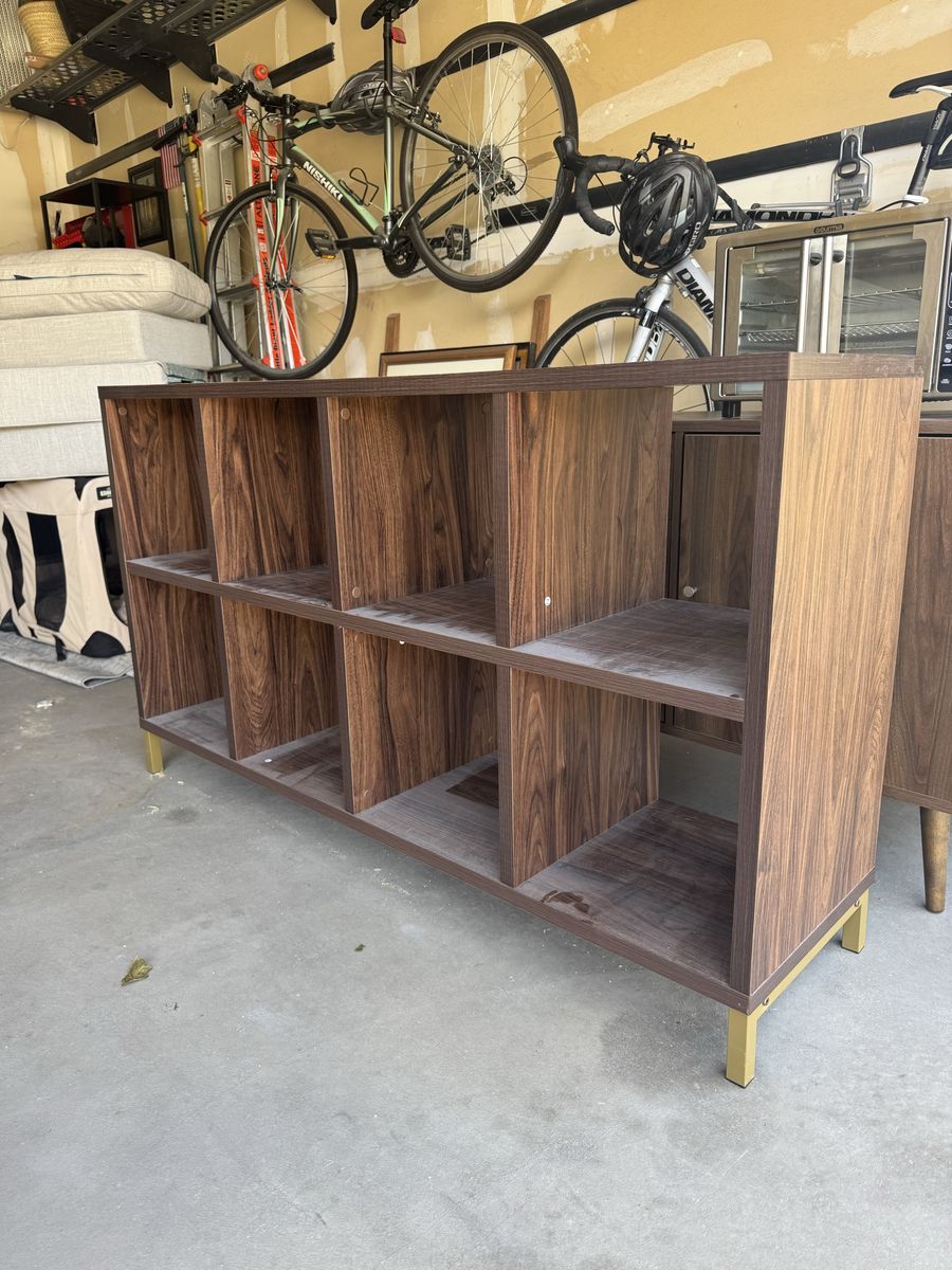 Mid-Century Modern Walnut Bookshelf / Storage Console with Gold Legs, 8-Cube Organizer
