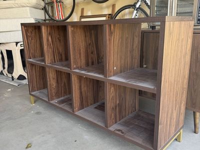 Mid-Century Modern Walnut Bookshelf / Storage Console with Gold Legs, 8-Cube Organizer