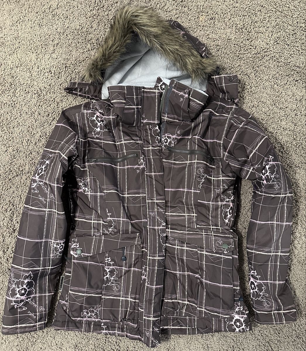 DC Shoes Women's Brown Plaid Floral Hooded Ski/Snowboard Jacket with Faux Fur Trim