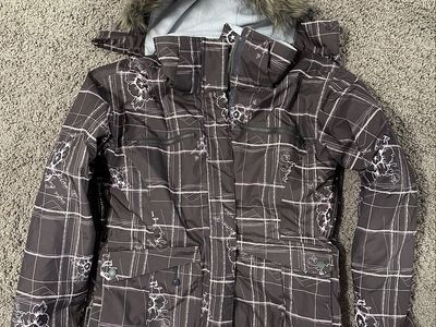 DC Shoes Women's Brown Plaid Floral Hooded Ski/Snowboard Jacket with Faux Fur Trim