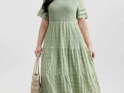 New Bloom Chic Plus Size Green Smocked Midi Dress with Eyelet Sleeve Detail - Women's XL (US 14-16)