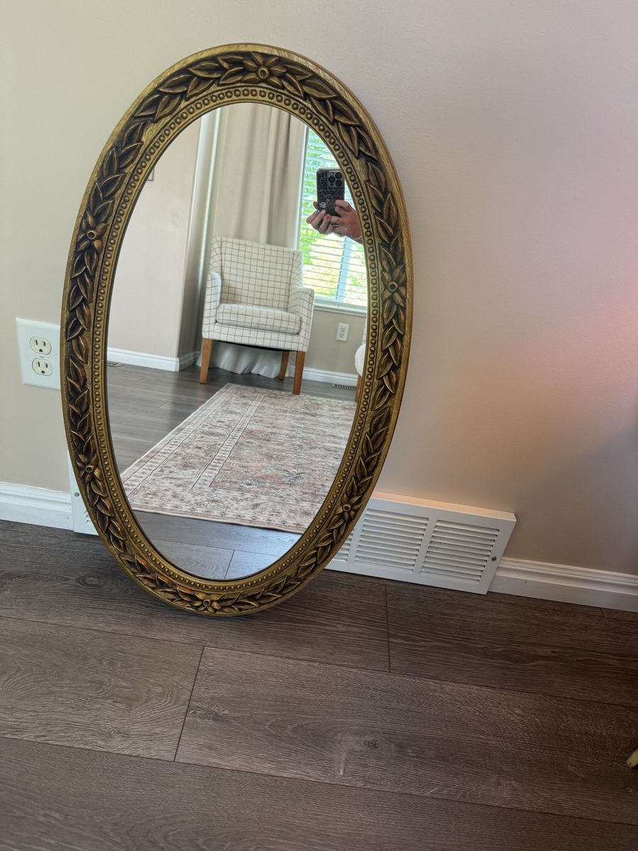 Vintage Ornate Gold Oval Wall Mirror - 33” x 19”, Decorative