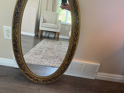Vintage Ornate Gold Oval Wall Mirror - 33” x 19”, Decorative