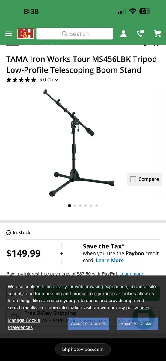 TAMA Iron Works Tour MS456LBK Tripod Low-Profile Telescoping Boom Stand