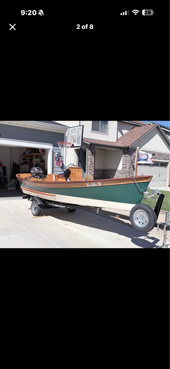 Custom Wooden Motor Boat with Tohatsu 15 HP Outboard Engine and Trailer