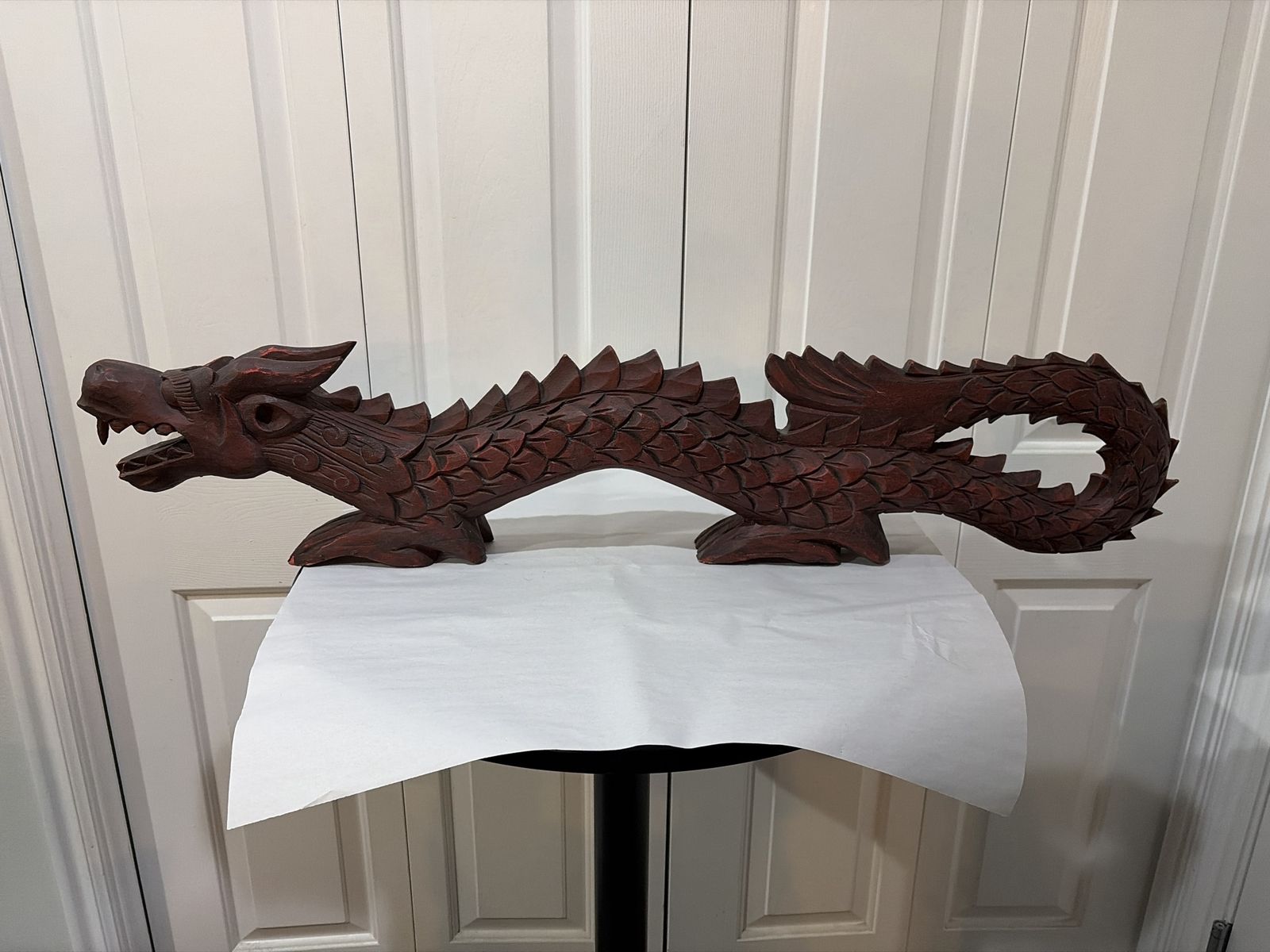 Vintage 3 feet 4 inches long Hand Carved Wooden Dragon Figurine Sculpture Red Brown Finish