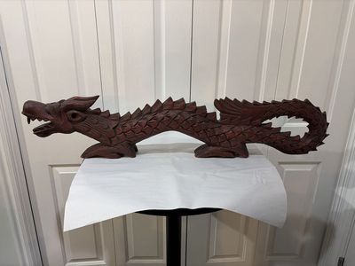 Vintage 3 feet 4 inches long Hand Carved Wooden Dragon Figurine Sculpture Red Brown Finish