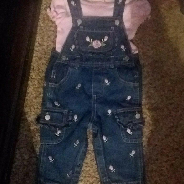BEAUTIFULLY EMBROIDERED OVERALLS & SHIRT. 12 MOS.