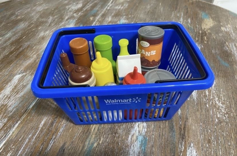 Kids Play Kitchen Mini Blue Shopping Basket & Food