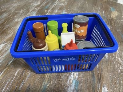 Kids Play Kitchen Mini Blue Shopping Basket & Food